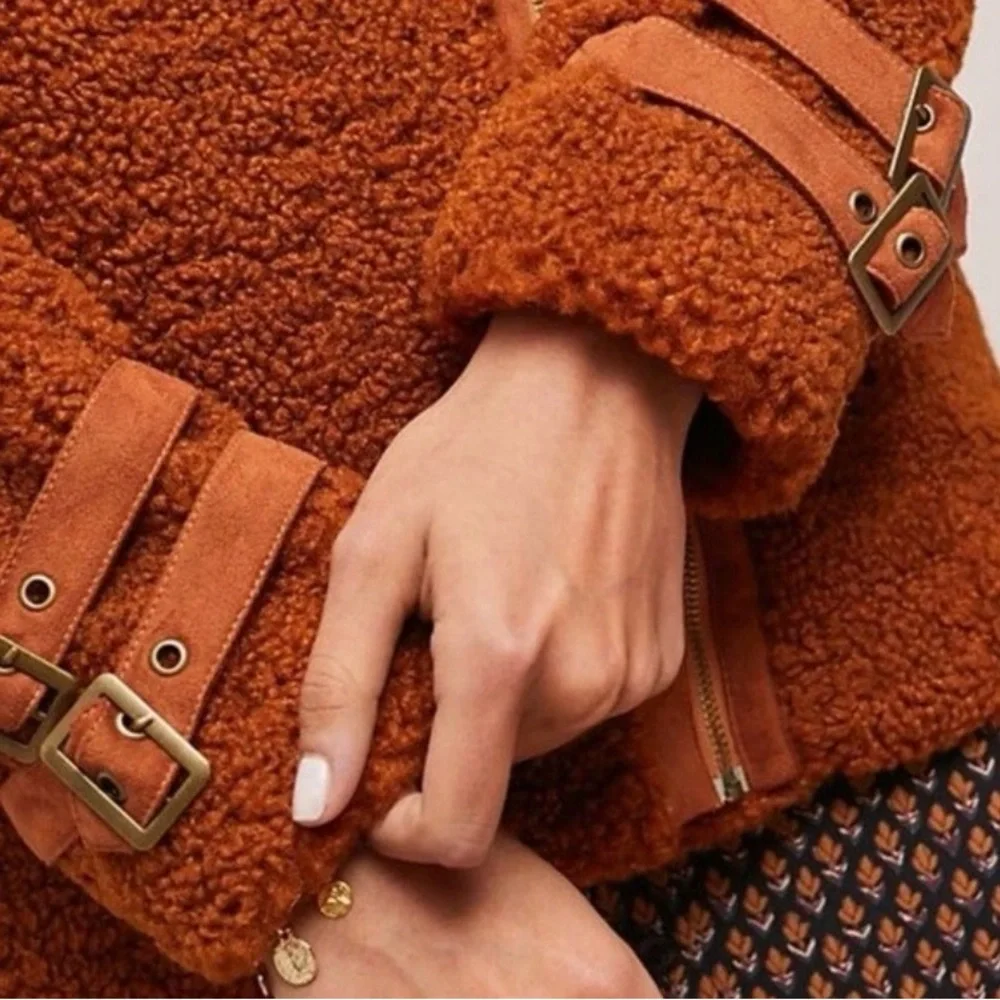 Anthropologie Marrakech sherpa teddy moto jacket rust /bronze color small - Picture 7 of 12